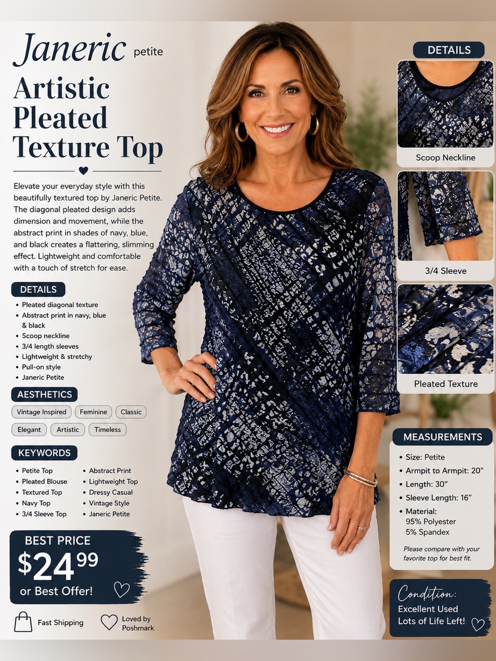 Women's Navy Blue Textured Pleated Tunic Top